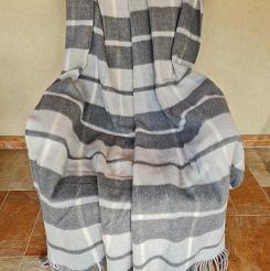 Koc wełniany z frędzlami 160x200 kratka szara grafitowa