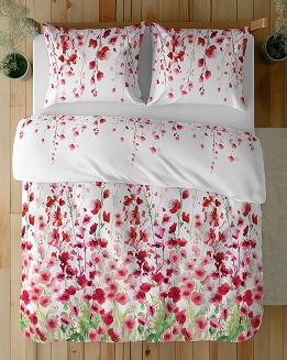 Pościel bawełniana 220x200 Detexpol biała czerwone różowe ostróżki