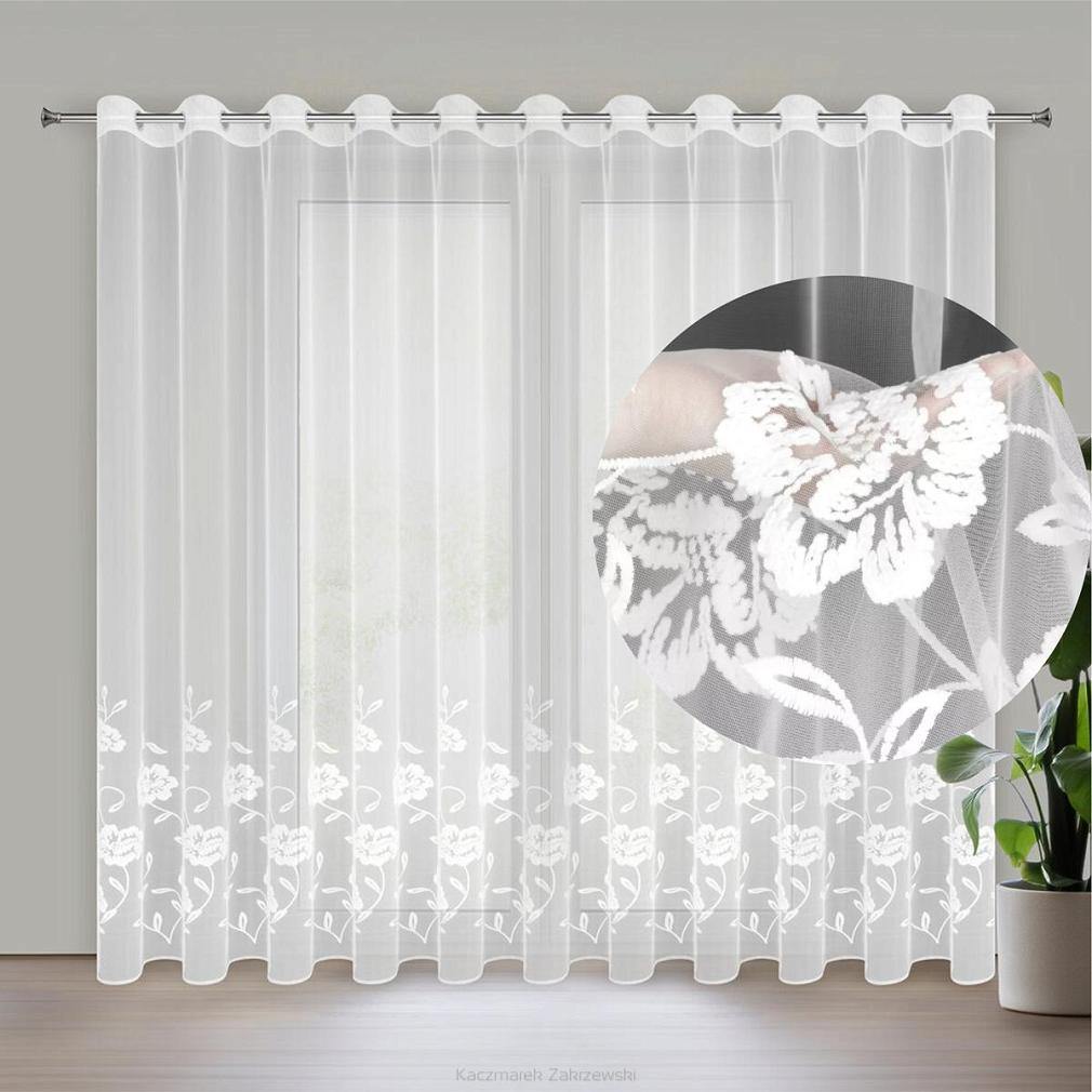 Firana gotowa na przelotkach NATALI 350x250 Eurofirany biała haftowana w kwiaty