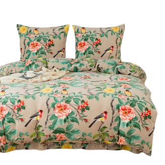 Pościel polarowa 160x200 welur szarobeżowa zielona różowa ptaki wśród róż
