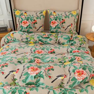 Pościel polarowa 160x200 welur szarobeżowa zielona różowa ptaki wśród róż