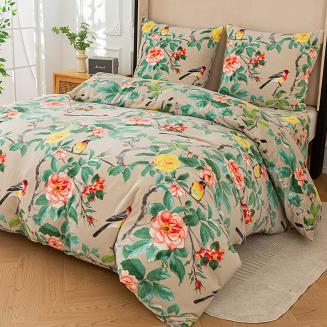 Pościel polarowa 160x200 welur szarobeżowa zielona różowa ptaki wśród róż