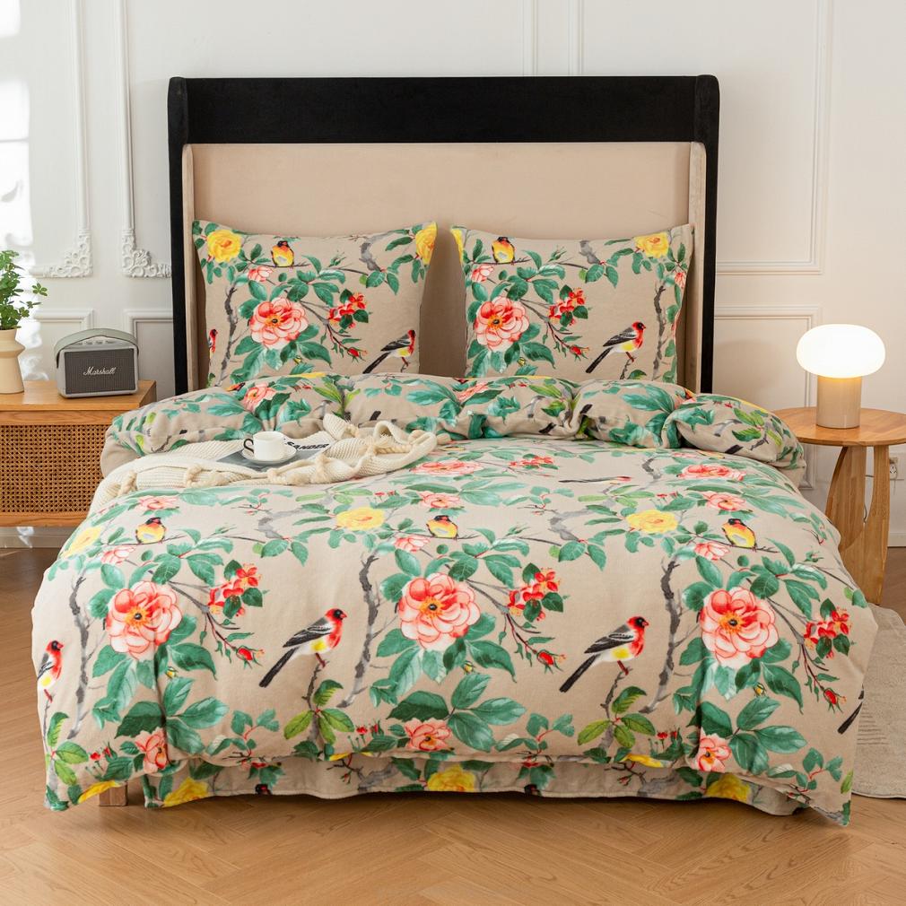 Pościel polarowa 160x200 welur szarobeżowa zielona różowa ptaki wśród róż