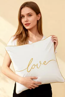 Poszewka dekoracyjna Love 45x45 welurowa biała ze złotym haftem i lamówką