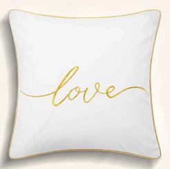 Poszewka dekoracyjna Love 45x45 welurowa biała ze złotym haftem i lamówką