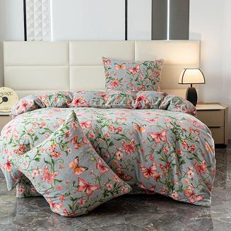 Pościel polarowa 220x200 welur szara różowa motyle w ogrodzie