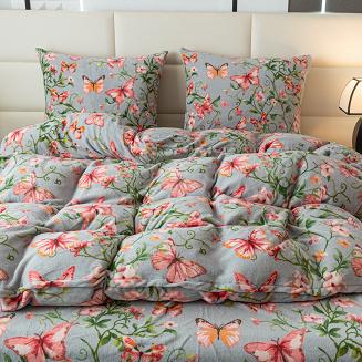 Pościel polarowa 220x200 welur szara różowa motyle w ogrodzie