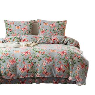 Pościel polarowa 220x200 welur szara różowa motyle w ogrodzie