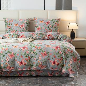 Pościel polarowa 220x200 welur szara różowa motyle w ogrodzie