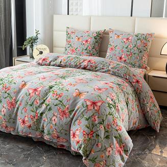 Pościel polarowa 220x200 welur szara różowa motyle w ogrodzie