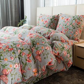 Pościel polarowa 220x200 welur szara różowa motyle w ogrodzie