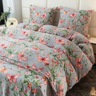 Pościel polarowa 220x200 welur szara różowa motyle w ogrodzie