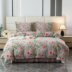 Pościel polarowa 220x200 welur szara różowa motyle w ogrodzie