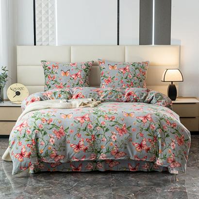 Pościel polarowa 220x200 welur szara różowa motyle w ogrodzie