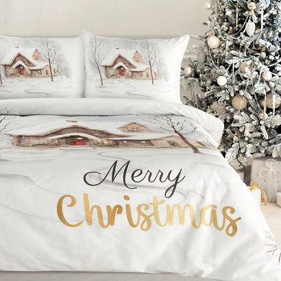 Komplet pościeli świąteczny JOYFULL 140x200 Eurofirany biały jasnobrązowy zimowy dworek Merry Christmas