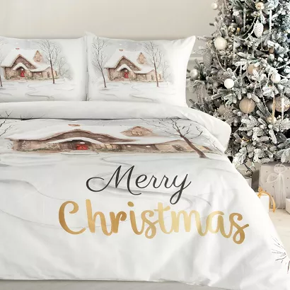 Komplet pościeli świąteczny JOYFULL 140x200 Eurofirany biały jasnobrązowy zimowy dworek Merry Christ