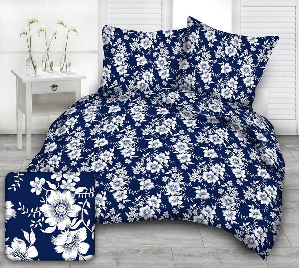 Pościel z kory 160x200 wzór białe kwiaty | granatowe tło