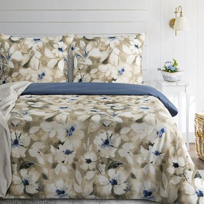 Pościel satynowa SPRING 220x200 Eurofirany jasnobeżowa ciemnoniebieska w kwiaty