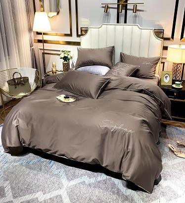 Pościel 200x220 taupe srebrny haft satynowa lamówka