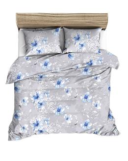 Pościel z satyny luksusowej 140x200 szara duże niebieskie rysowane kwiaty