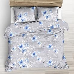 Pościel z satyny luksusowej 140x200 szara duże niebieskie rysowane kwiaty