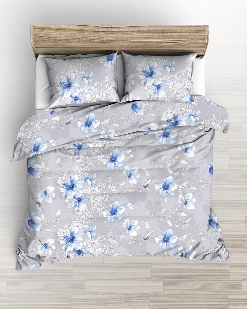 Pościel z satyny luksusowej 140x200 szara duże niebieskie rysowane kwiaty