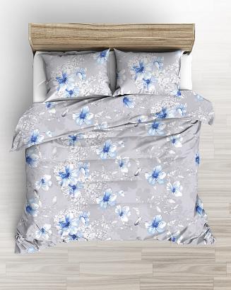 Pościel z satyny luksusowej 140x200 szara duże niebieskie rysowane kwiaty