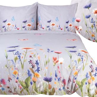Pościel flanelowa FLANELOVE 160x200 kolorowa łąka kwiatów na szarym tle