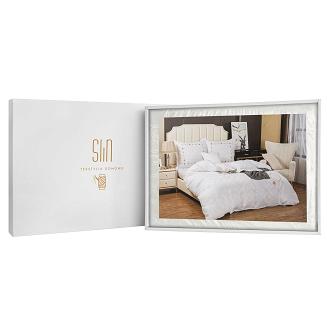 Pościel atłasowa haftowana 200x220 ekskluzywna biała kółeczka AT012