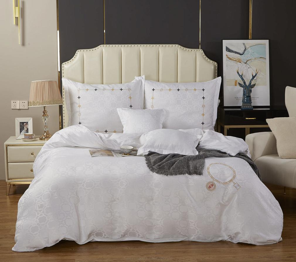 Pościel atłasowa haftowana 200x220 ekskluzywna biała kółeczka AT012