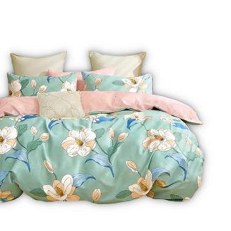 Pościel satynowa 200x220 wzór duże kwiaty na miętowym tle