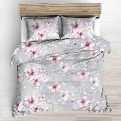 Pościel z kory 200x220 szara duże różowe rysowane kwiaty