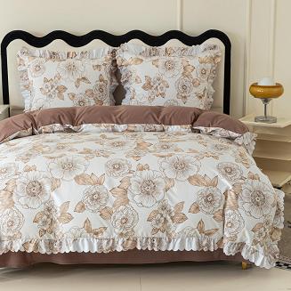 Pościel z falbanką 220x200 kremowa brązowa mocha mousse rysowane kwiaty malwy