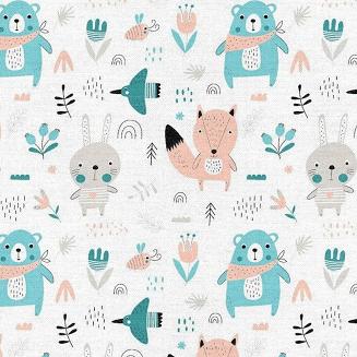 Pielucha flanelowa 75x75 biała łososiowa turkusowa szara leśne zwierzątka