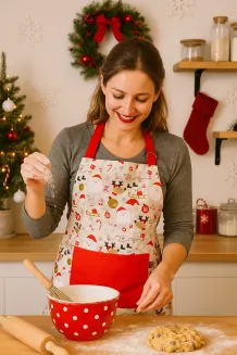Bawełniany fartuch kuchenny z kieszonką 60x75 SANTA beżowy czerwony