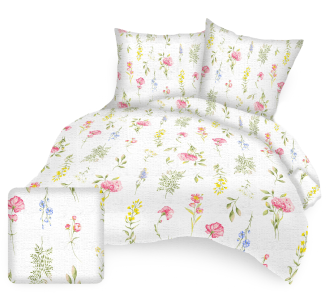 Pościel satyna korowana 160x200 biała kolorowa kwiatowa łąka