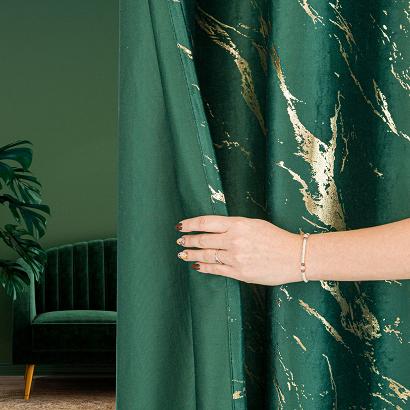 Zasłona gotowa na przelotkach MARMA 140x250 butelkowa ze złotym nadrukiem