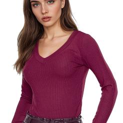 Koszulka damska z długim rękawem z prążkowanej wiskozy Eleonor bordowa