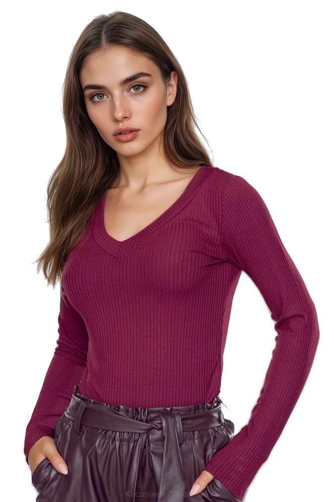 Koszulka damska z długim rękawem z prążkowanej wiskozy Eleonor bordowa