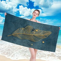 Ręcznik plażowy 100x180 ciemnoturkusowy złoty liść