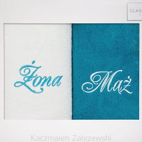 Komplet ręczników 2 szt. 50x90 Eurofirany Mąż-Żona biały turkusowy
