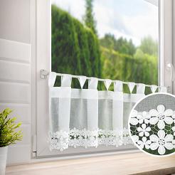 Zazdrostka firana gotowa na szelkach KAJA 150x40 Eurofirany biała zdobiona koronką aplikacją w kwiaty