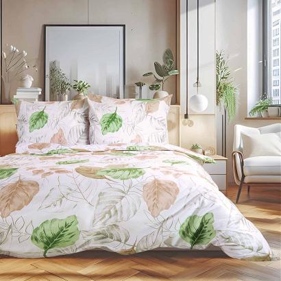 Pościel flanelowa FLANELOVE 160x200 biała w beżowe zielone liście