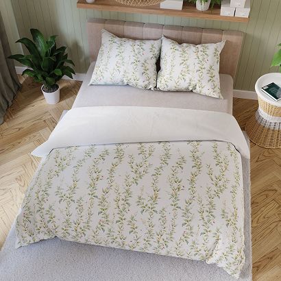 Komplet pościeli RIMA z bawełny satynowej 160x200 biała zielona w kwitnące gałązki