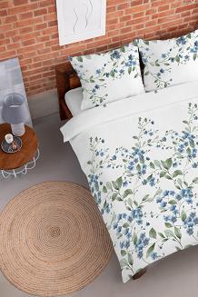 Pościel flanelowa 160x200 biała niebieskie kwiatuszki oliwkowe listki