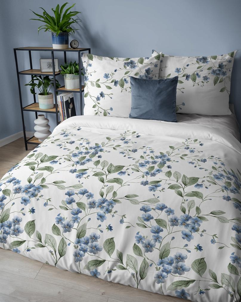 Pościel flanelowa 160x200 biała niebieskie kwiatuszki oliwkowe listki