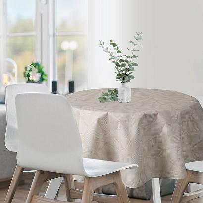 Obrus dekoracyjny wodoodporny okrągły GARDEN 150x150 Eurofirany beżowy w subtelny nadruk liści
