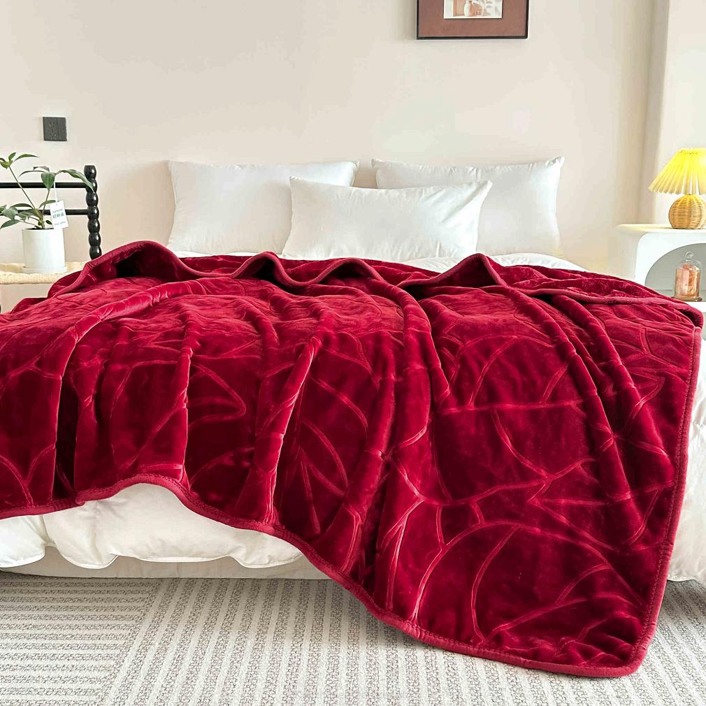 Koc akrylowy tłoczony LIV 200x220 gruby ciepły bordowy