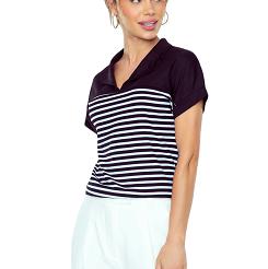 Bluzka damska w paski z kołnierzykiem Tatina czarna biała