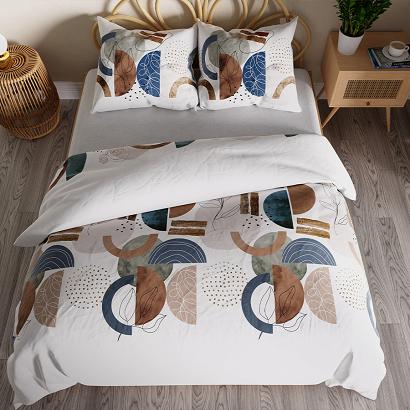 Komplet pościeli FABIOLA z bawełny satynowej 220x200 biała brązowa turkusowa fantazyjna geometria